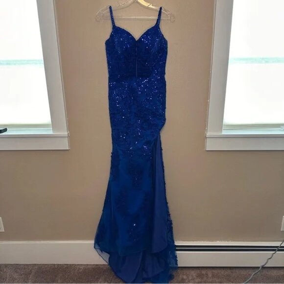Hebeos Blue Sequined Spaghetti Strap Sweetheart Prom Gown Side Slit Size 2 - Picture 1 of 14